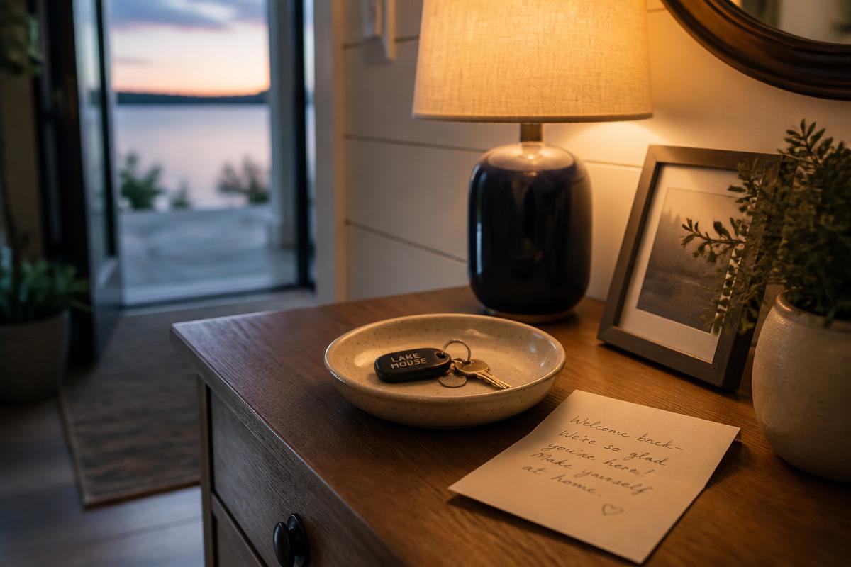 Keys in a dish beside a handwritten welcome note on an entry table at a lake house