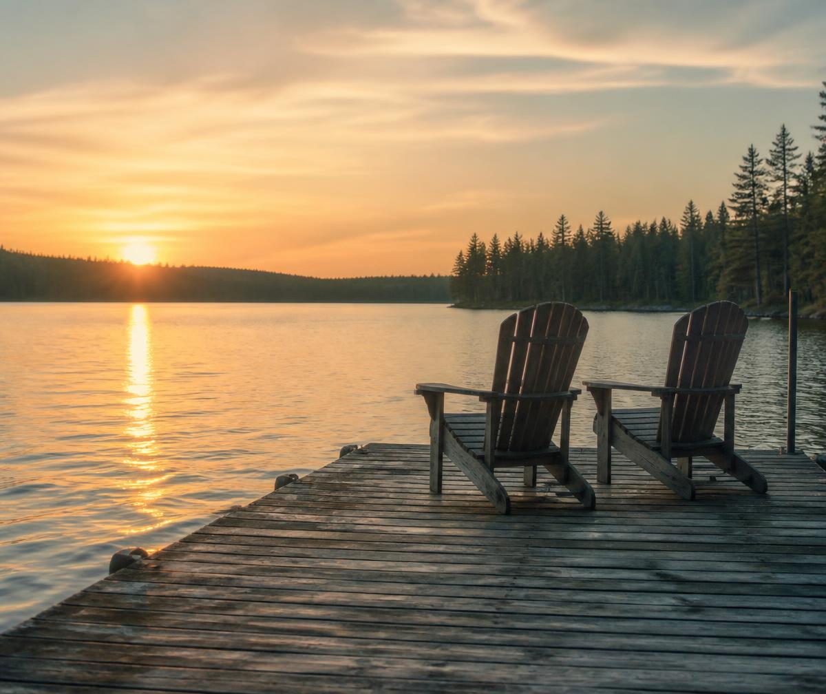 Two wooden chairs on a lake pier at sunset